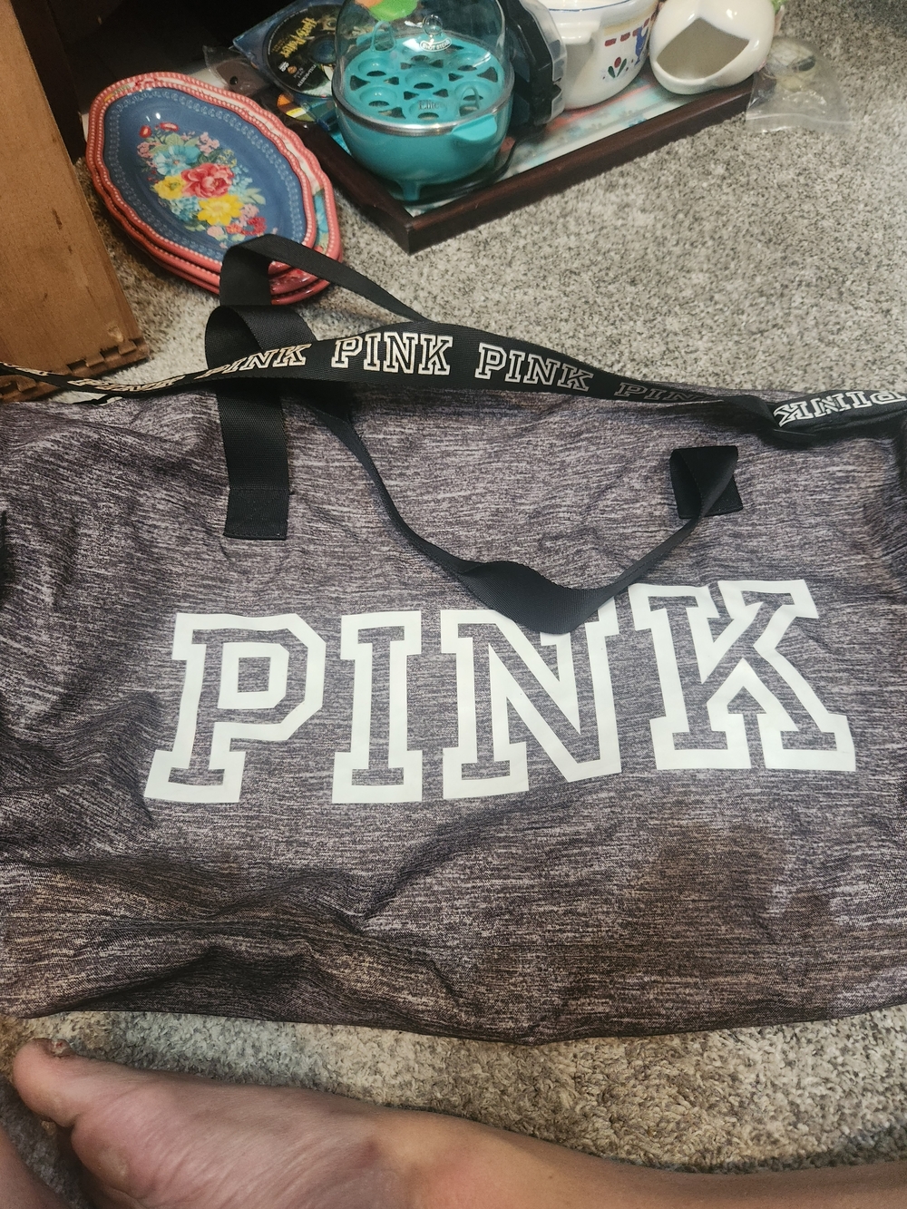 PINK Victoria's Secret Heather Gray Logo Travel Duffel with Black Straps
